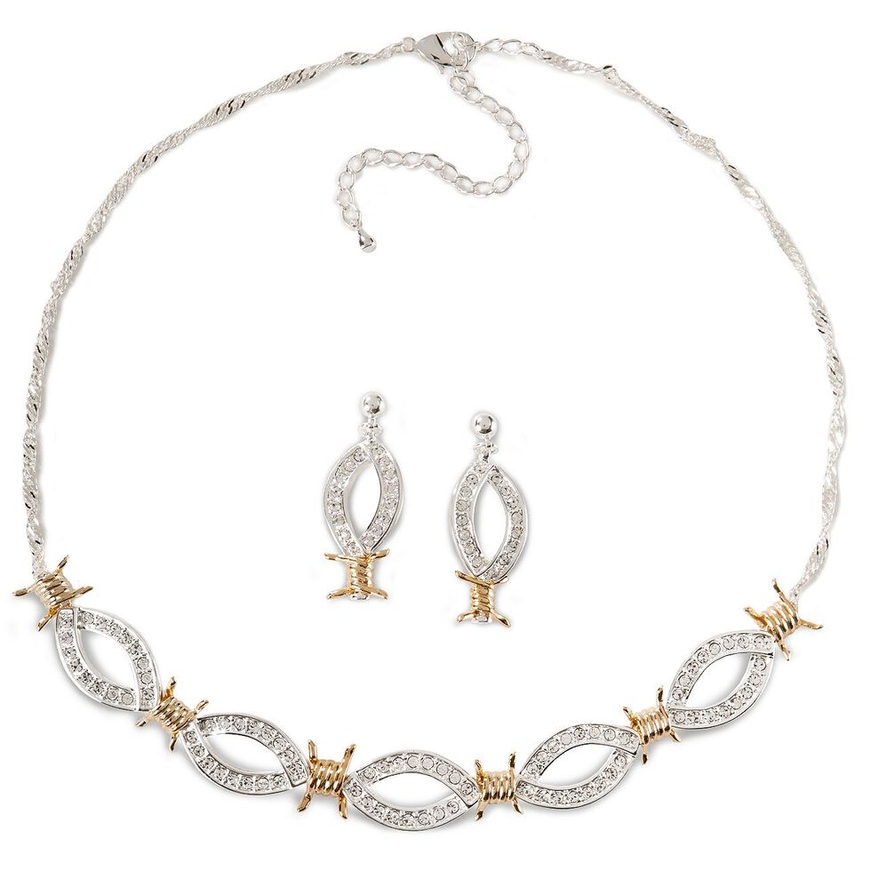 Montana Silversmiths Barbed Wire & Rhinestones Necklace Set, Silver, hi-res