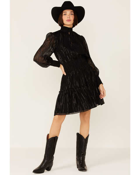 Revel Women's Sparkle Shirred Mock Neck Party Dress, Black, hi-res