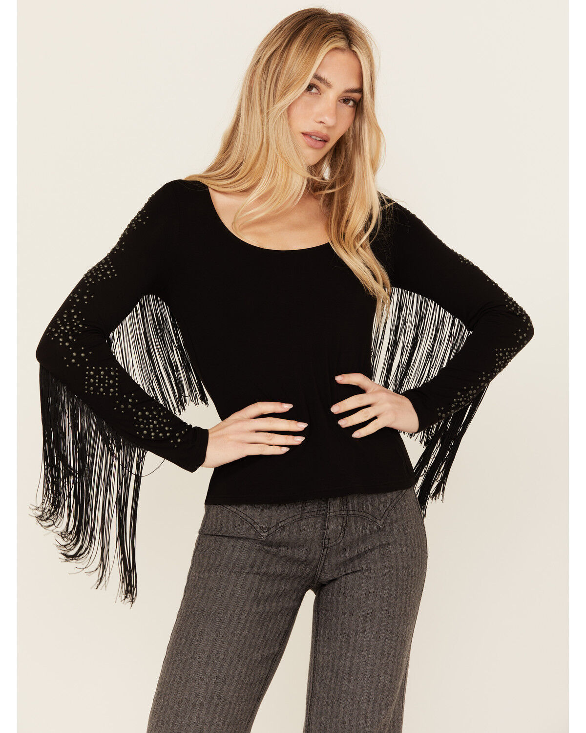 Image #1 - Idyllwind Women's Doris Studded Fringe Long Sleeve Top, Black, hi-res