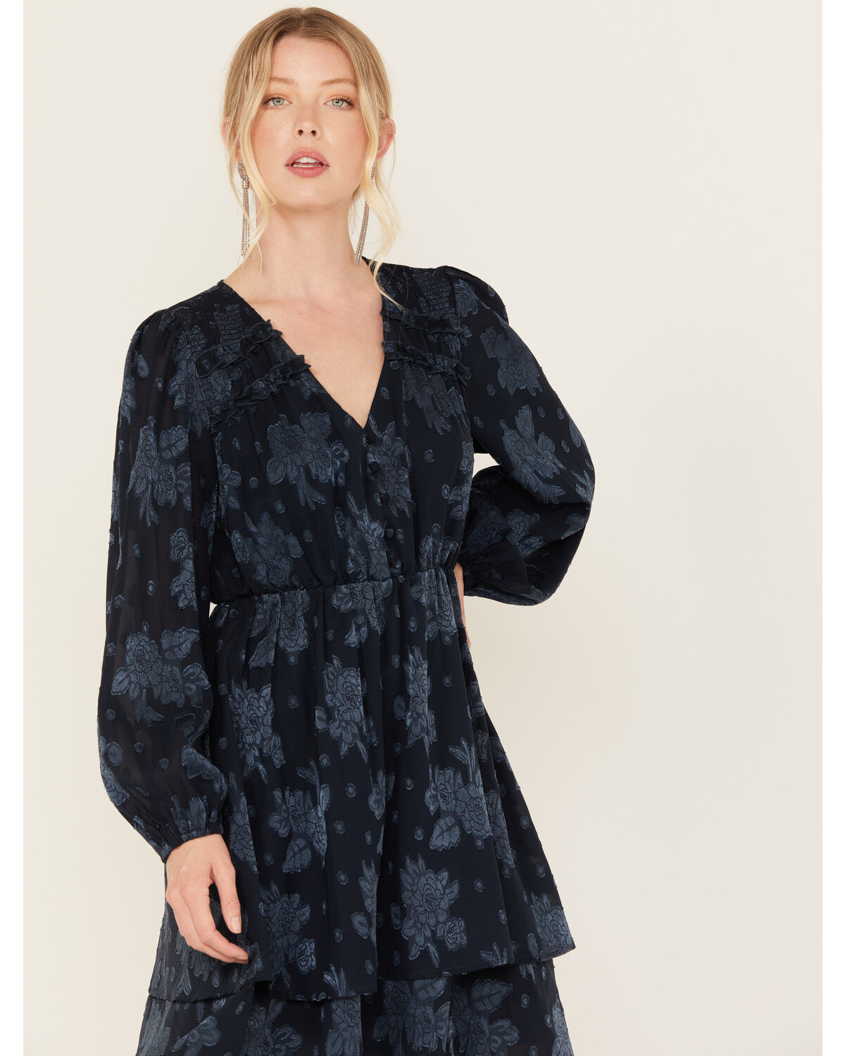 Image #2 - Yura Women's Long Sleeve Floral Tier Mini Dress, Navy, hi-res