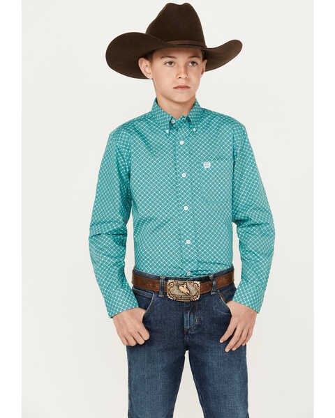Image #1 - Cinch Boys' Geo Print Long Sleeve Button-Down Western Shirt, Turquoise, hi-res