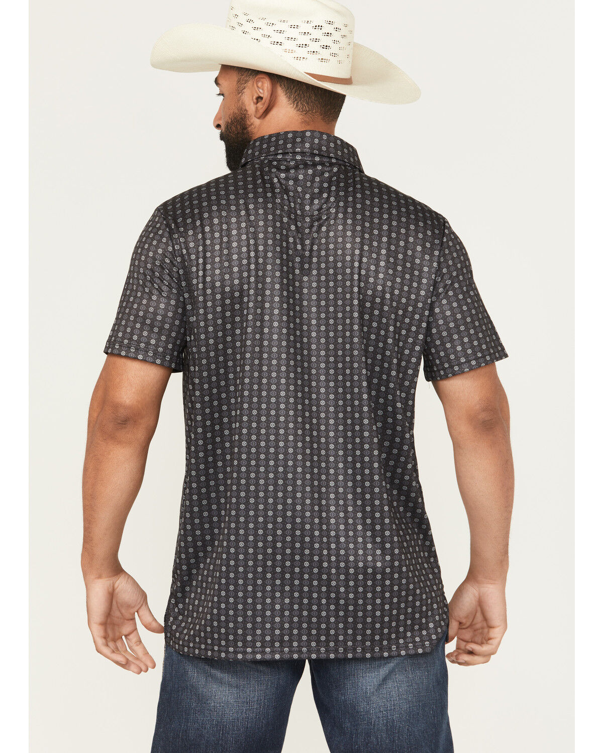 Image #4 - Rock & Roll Denim Men's Geo Print Short Sleeve Button-Down Stretch Polo Shirt, Black, hi-res