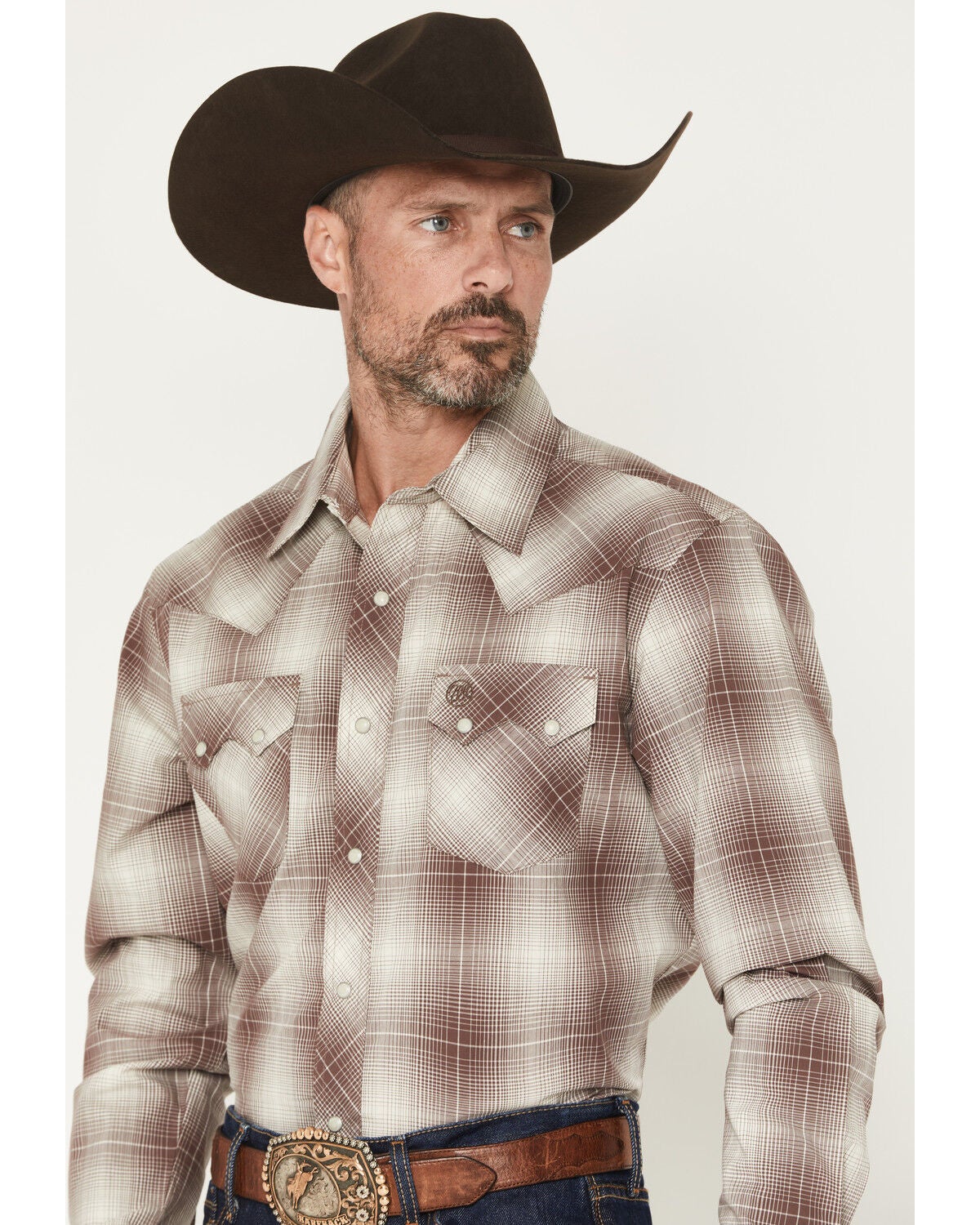 Image #2 - Wrangler Retro Men's Plaid Print Long Sleeve Snap Western Shirt - Tall, Brown, hi-res