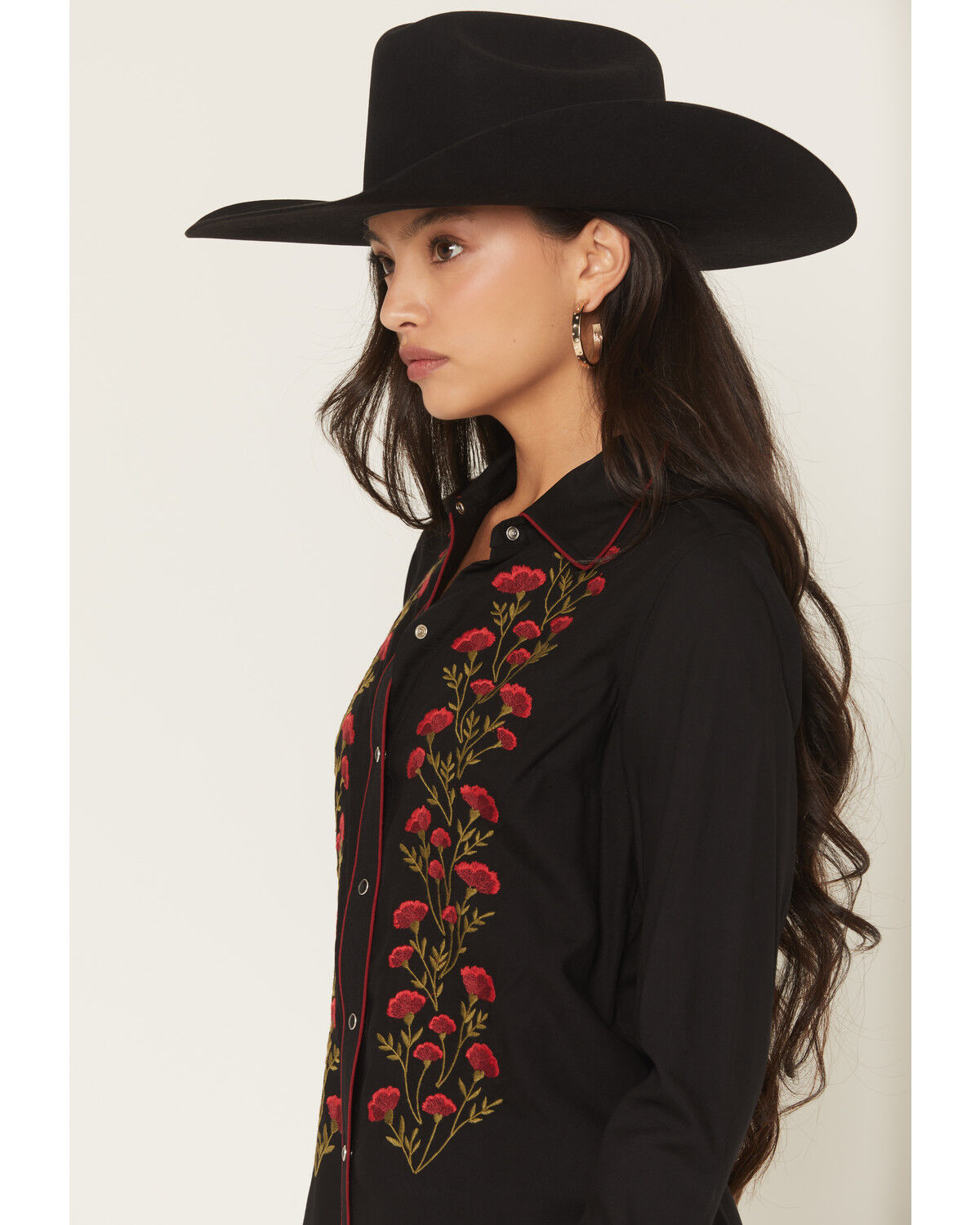 Image #2 - Rock & Roll Denim Women's Floral Embroidered Retro Snap Western Shirt, Black, hi-res