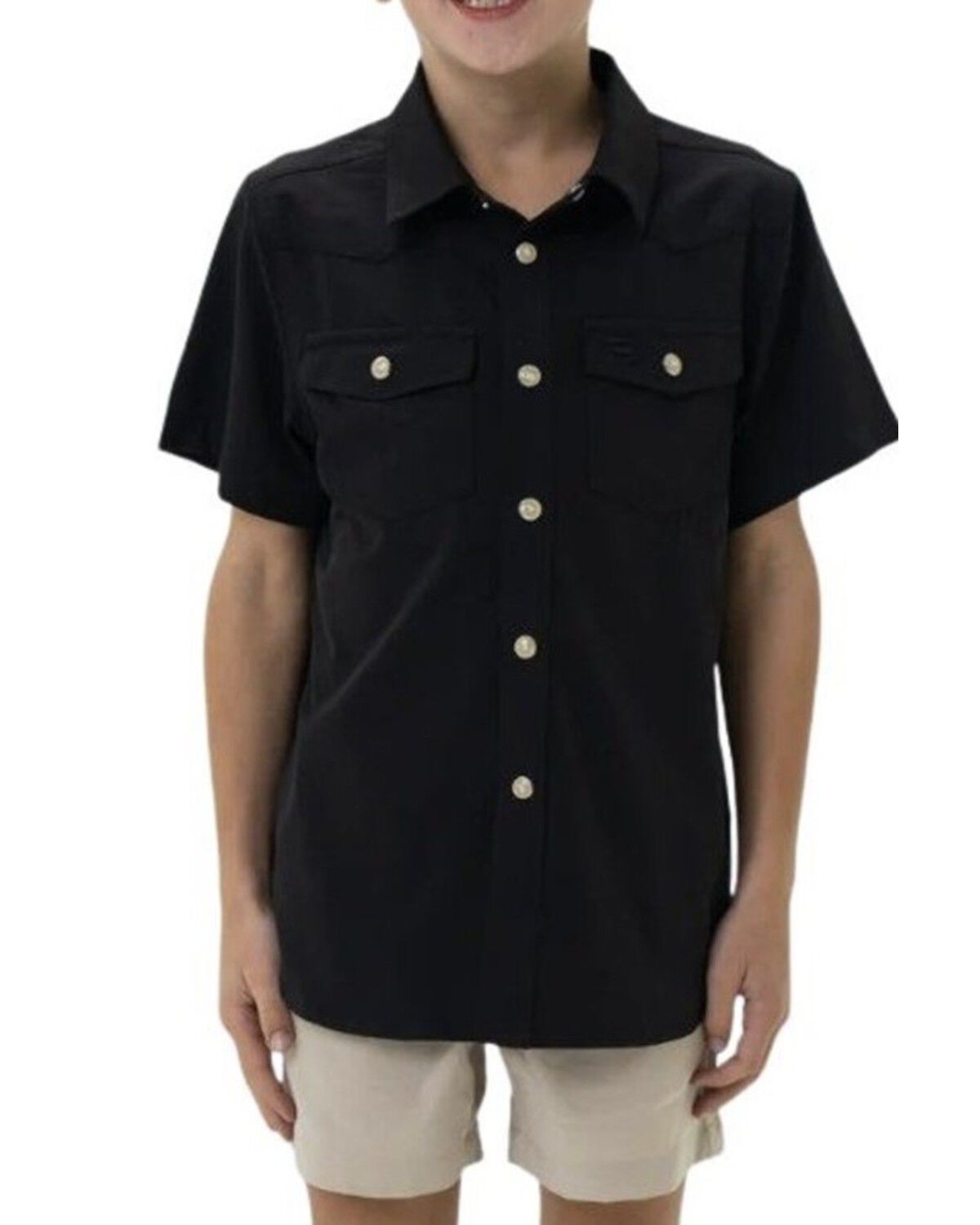 Burlebo Boys' Solid Short Sleeve Button-Down Stretch Performance Western Shirt, Black, hi-res