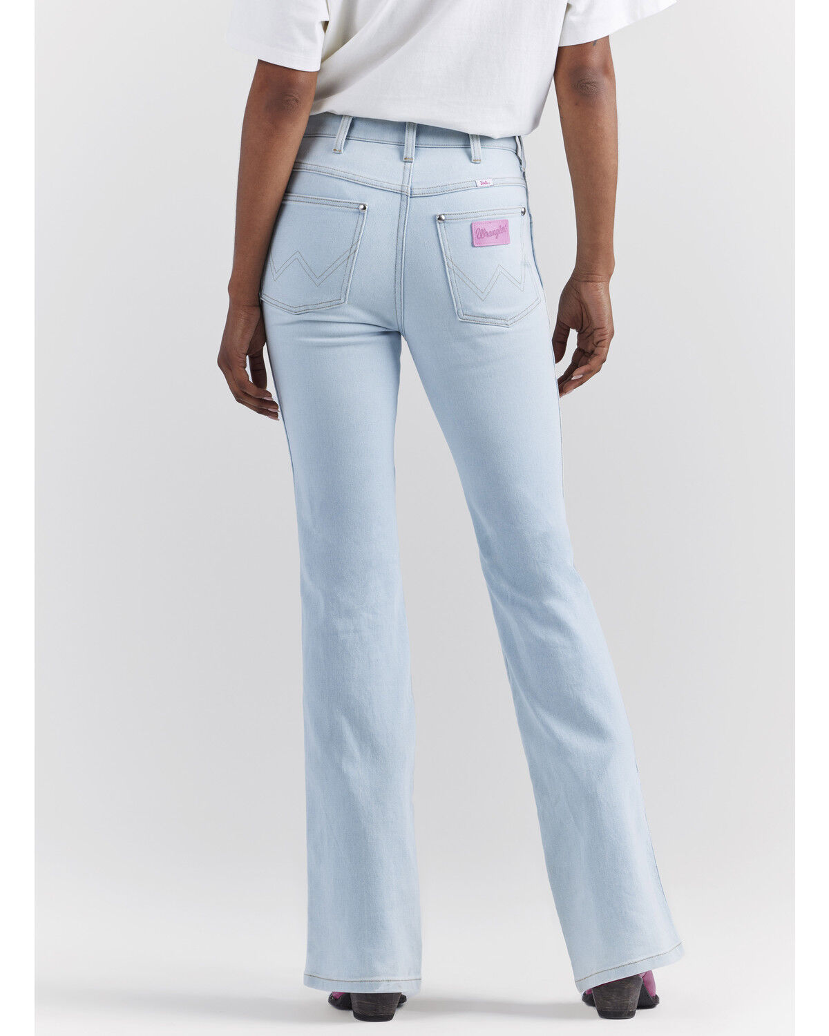 Image #5 - Wrangler® X Barbie™ Women's Light Wash High Rise Westward Pink Patch Stretch Bootcut Jeans, Light Wash, hi-res