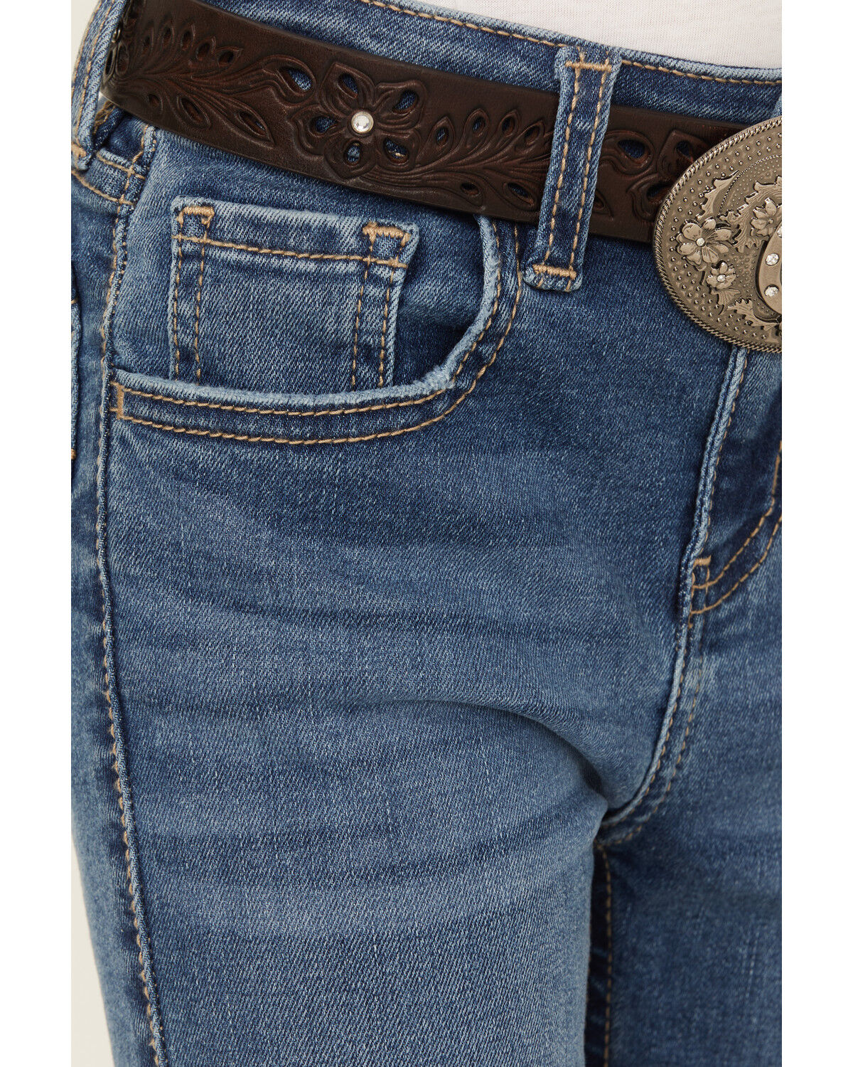 Image #2 - Shyanne Little Girls' Cimarron Twisted Side Seam Flare Stretch Denim Jeans, Medium Wash, hi-res