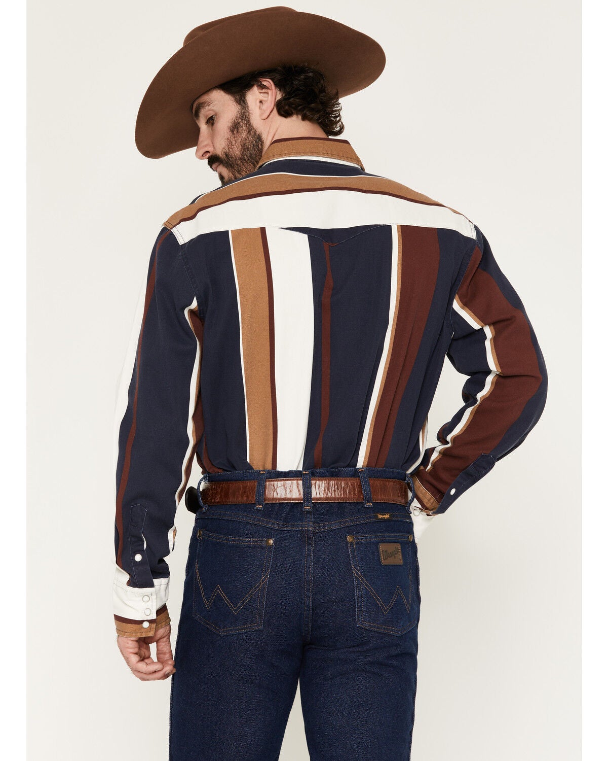 Image #4 - Wrangler Men's Vintage Brushpopper Striped Print Long Sleeve Snap Western Shirt, Navy, hi-res