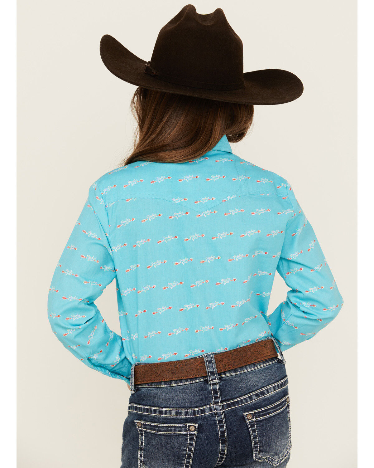 Image #4 - Panhandle Girls' Rodeo Arrow Print Long Sleeve Pearl Snap Western Shirt, Turquoise, hi-res