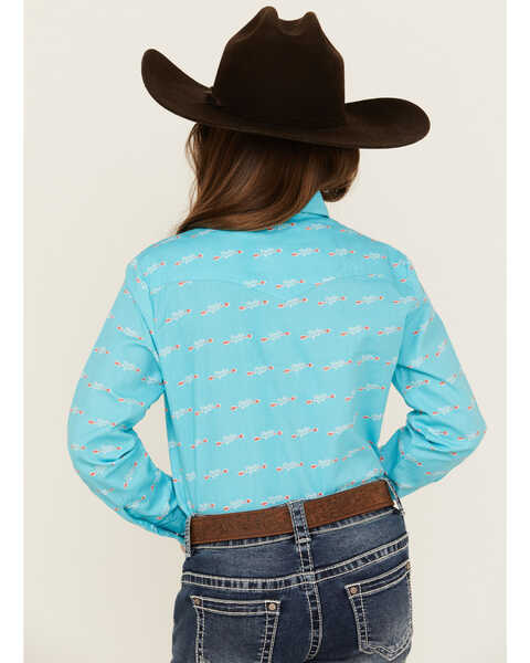 Image #4 - Panhandle Girls' Rodeo Arrow Print Long Sleeve Pearl Snap Western Shirt , Turquoise, hi-res