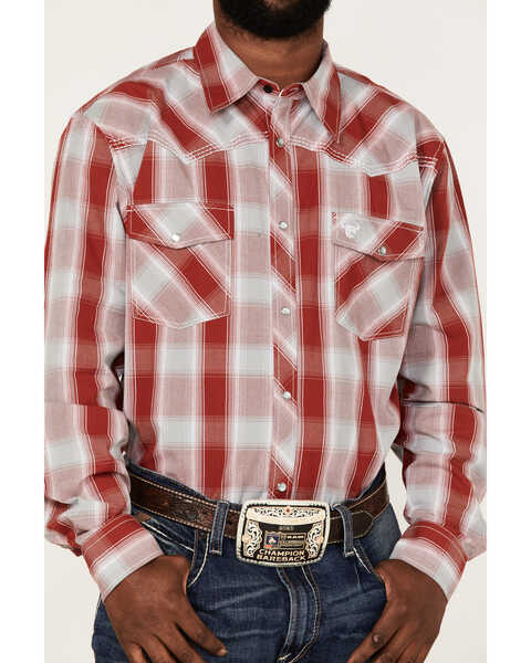 Image #3 - Cowboy Hardware Men's Burgundy Hombre Plaid Long Sleeve Pearl Snap Western Shirt , Burgundy, hi-res