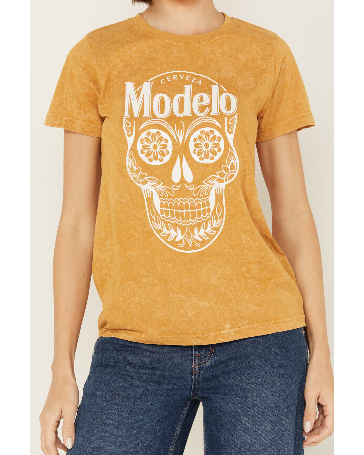 Image #3 - Modelo Women's Logo Skull Short Sleeve Graphic Tee, Mustard, hi-res