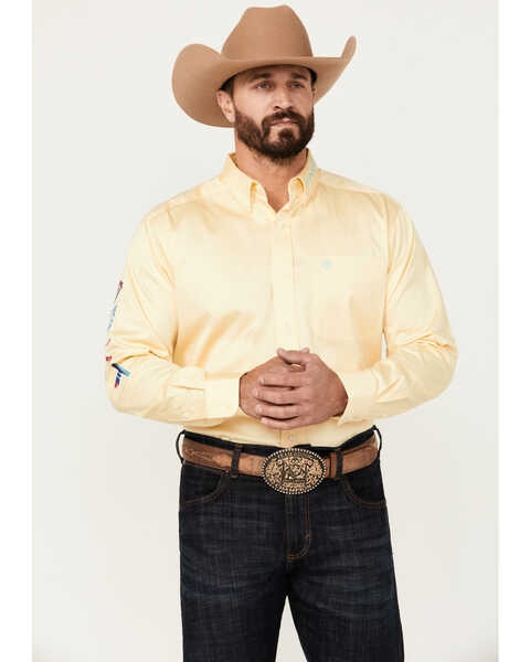 Image #1 - Ariat Men's Team Logo Twill Long Sleeve Button-Down Western Shirt - Tall , Yellow, hi-res
