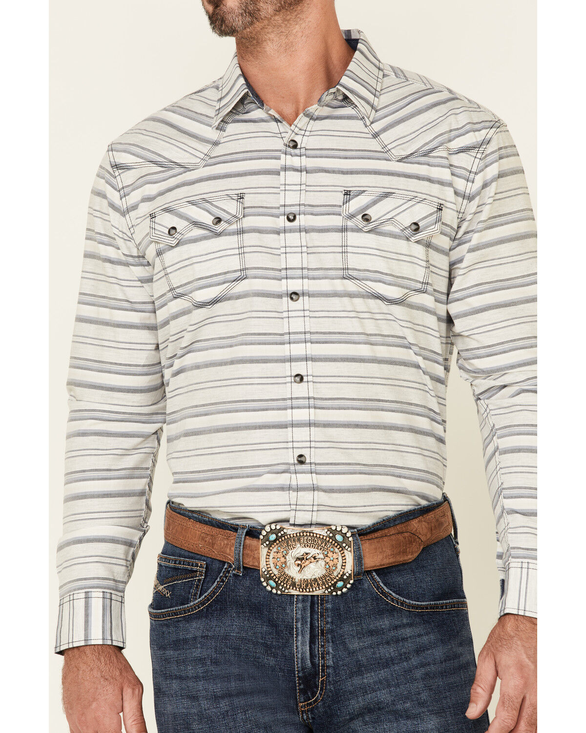 Image #3 - Moonshine Spirit Men's Line Dance Horizontal Stripe Long Sleeve Snap Western Shirt, Grey, hi-res