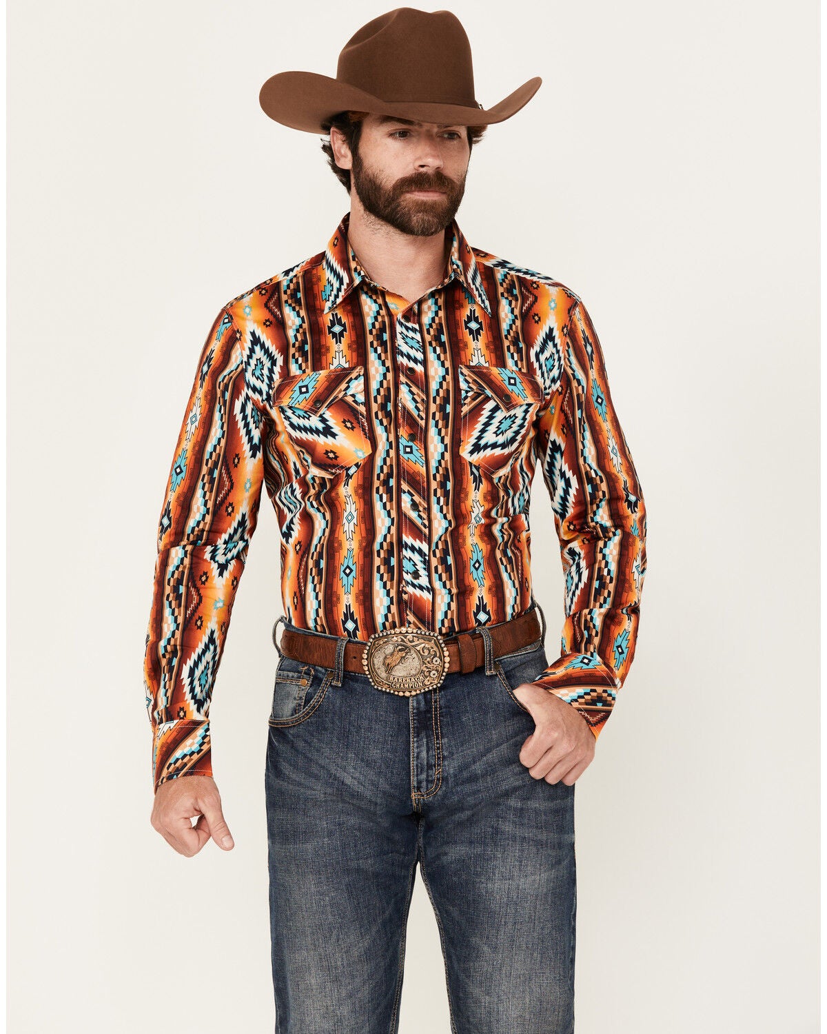 Rock & Roll Denim Men's Southwestern Striped Long Sleeve Snap Stretch Western Shirt, Orange, hi-res