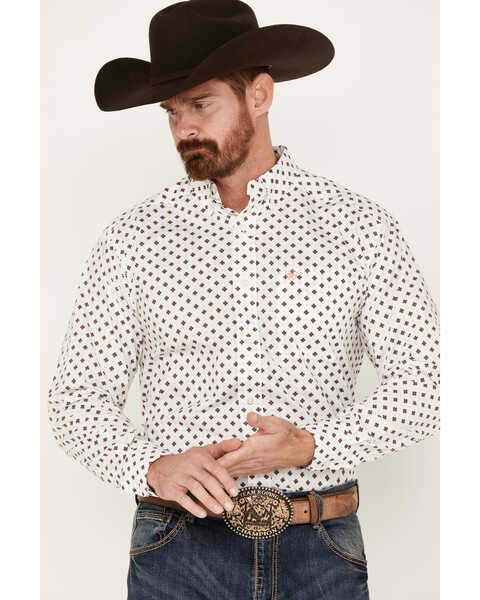 Image #1 - Ariat Men's Aiden Geo Print Classic Fit Long Sleeve Button-Down Western Shirt - Tall , White, hi-res
