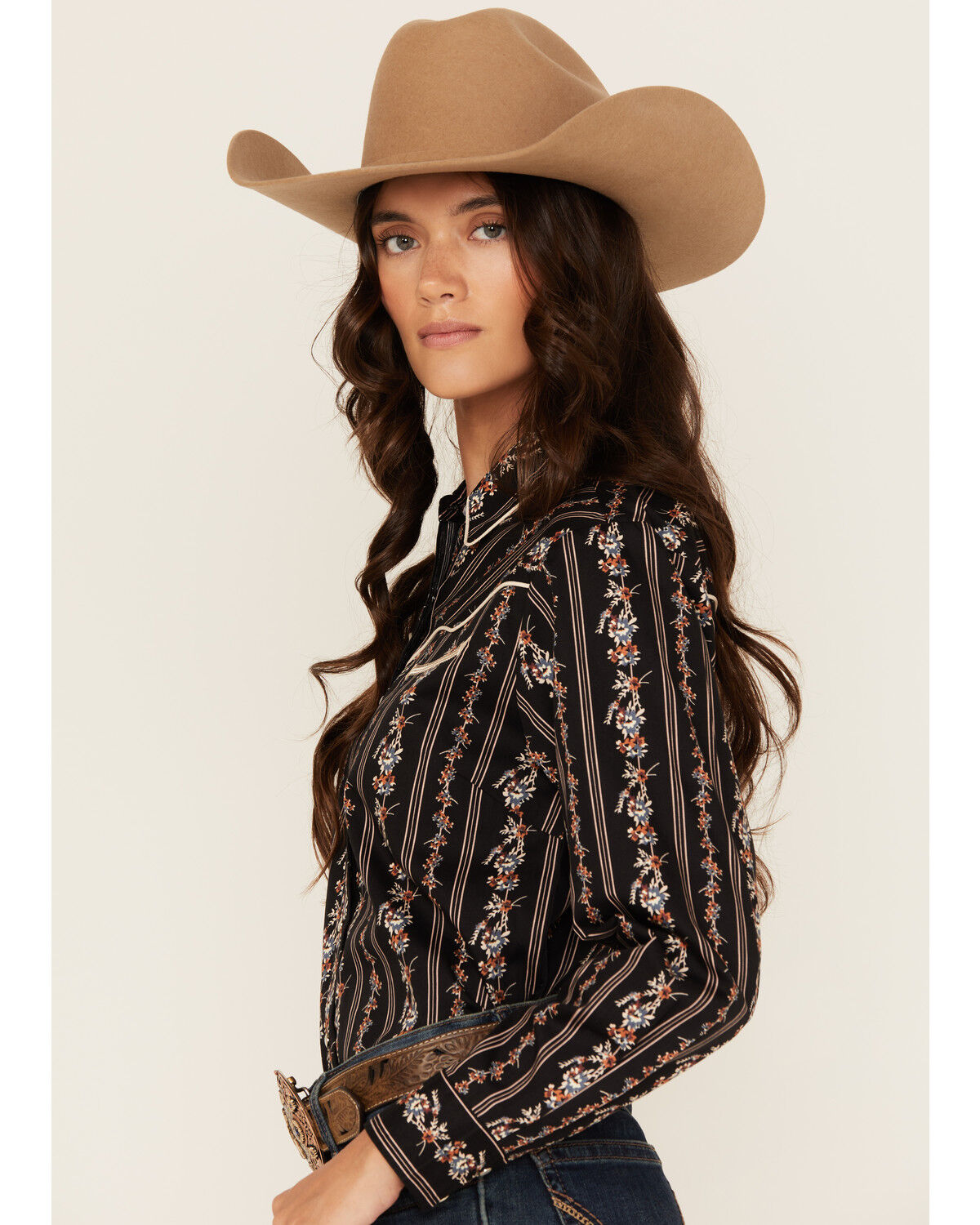Image #2 - Ely Walker Women's Floral Wallpaper Print Long Sleeve Snap Stretch Western Shirt, Black, hi-res