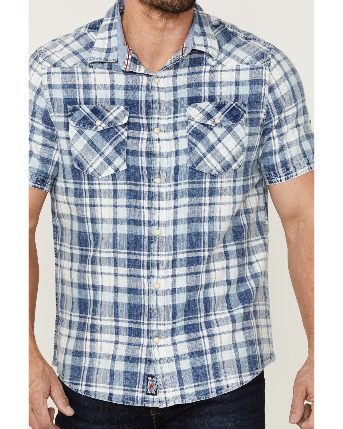 Image #3 - Flag & Anthem Men's Bartlett Vintage Plaid Short Sleeve Snap Western Shirt, Indigo, hi-res