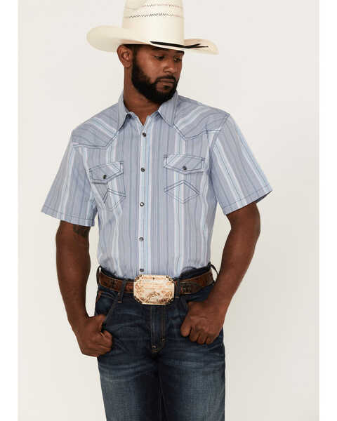 Image #1 - Cody James Men's Springs Vertical Stripe Short Sleeve Snap Western Shirt , Blue, hi-res