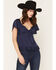 Image #1 - Wild Moss Women's Lace Trim Short Sleeve Top, Navy, hi-res