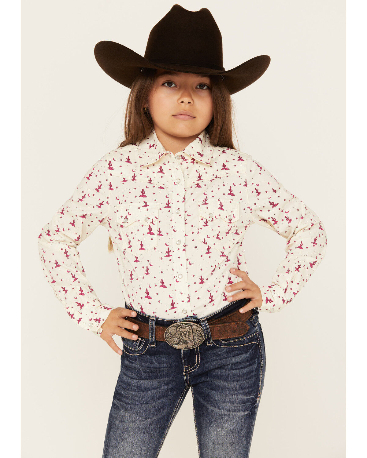 Image #1 - Shyanne Girls' Cactus Print Long Sleeve Pearl Snap Shirt, Ivory, hi-res