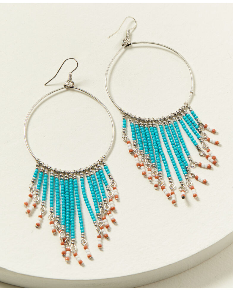 Shyanne Women's Silver & Turquoise Beaded Fringe Hanging Hoop Earrings, Silver, hi-res