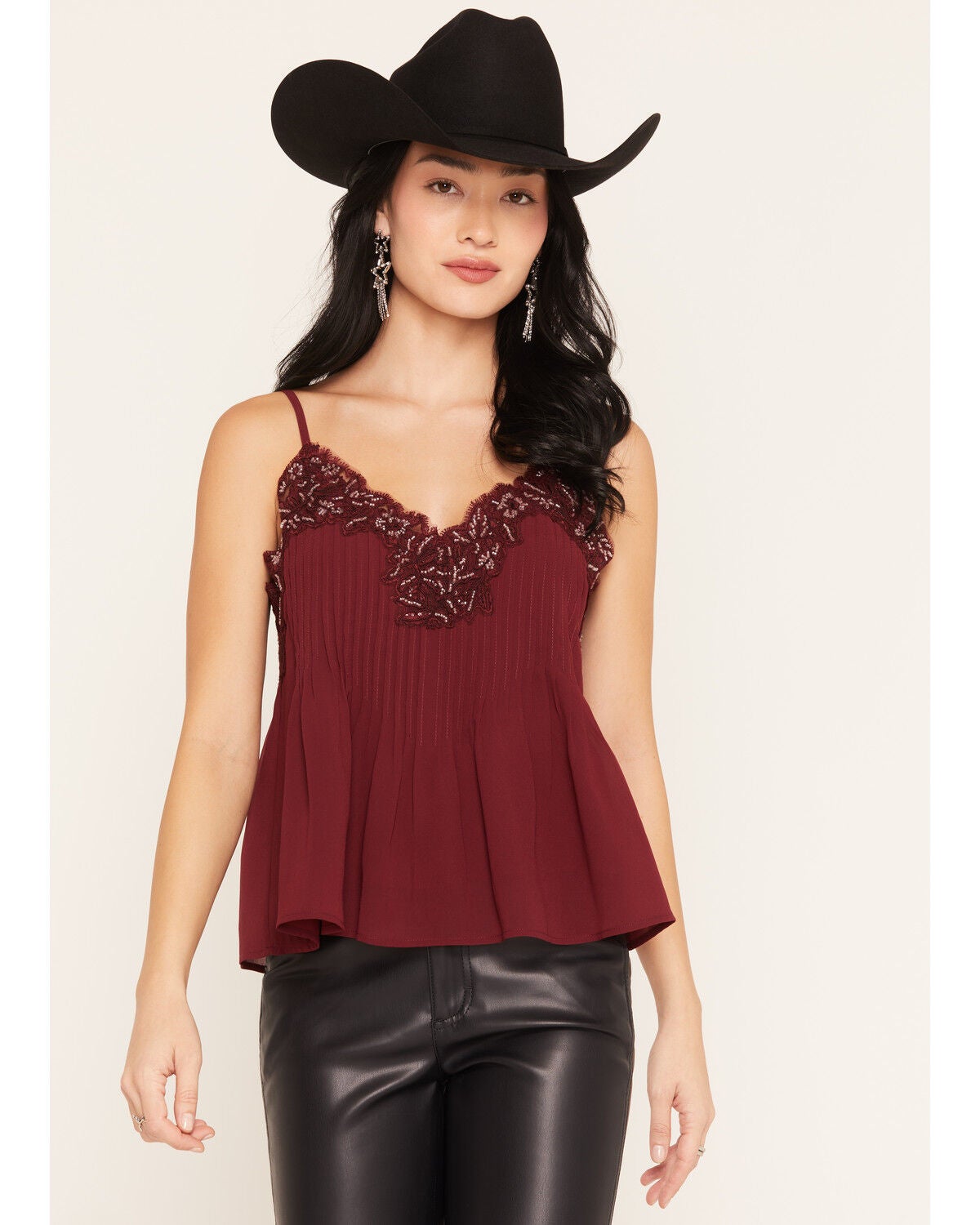 Image #1 - Miss Me Women's Sleeveless Embellished Pintuck Cami, Red, hi-res