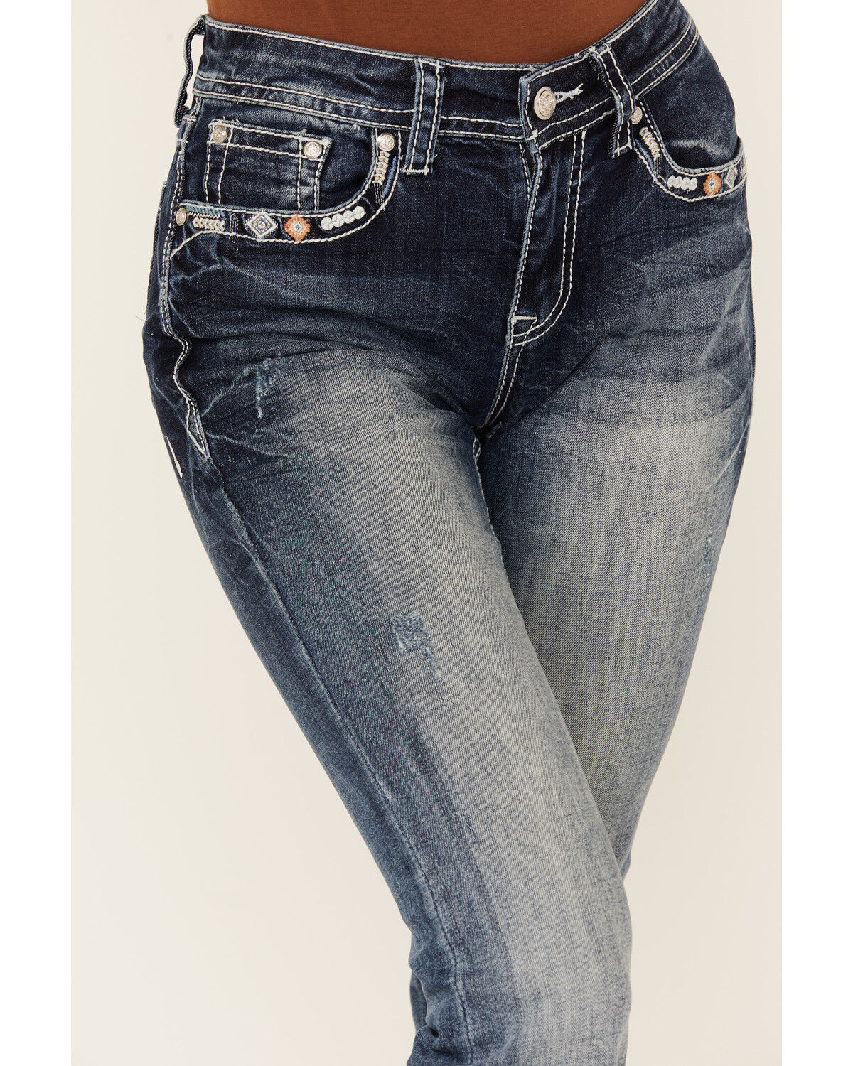 Grace In LA Women's Medium Wash Geo Print Embroidered Mid Grace In LA Women's Medium Wash Geo Print Embroidered Mid