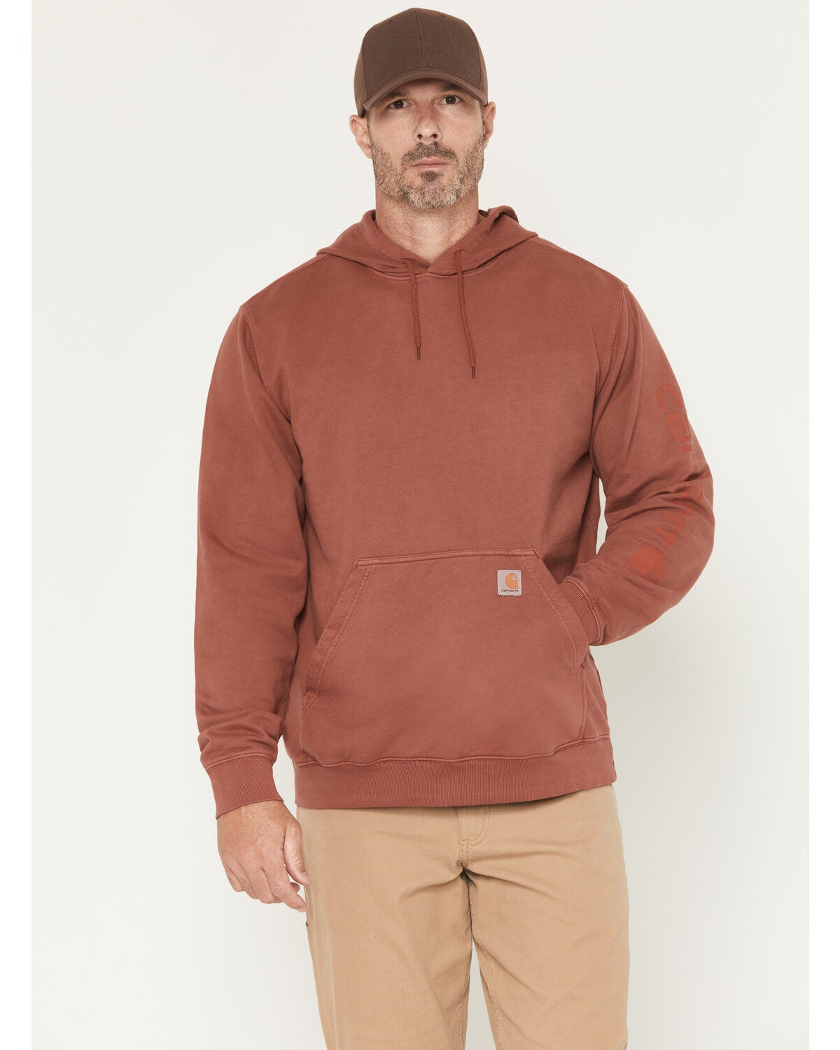 Carhartt Men's Re-Engineered Relaxed Fit Midweight Garment Dyed French Terry Graphic Hooded Sweatshirt, Dark Red, hi-res