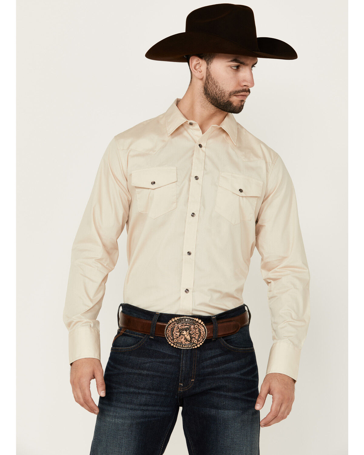 Image #1 - Gibson Men's Basic Solid Long Sleeve Pearl Snap Western Shirt, Tan, hi-res