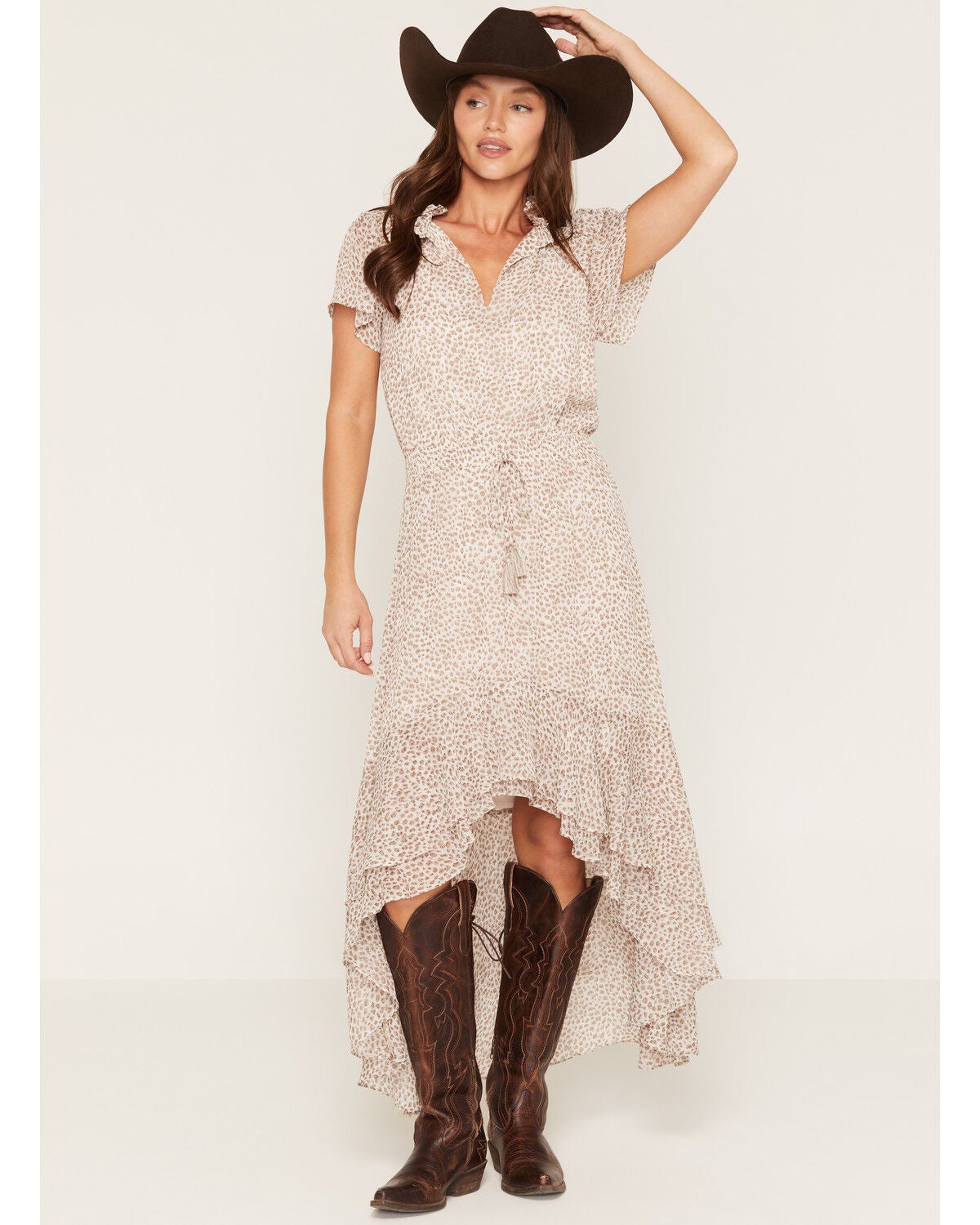 Image #1 - Lovestitch Women's Leopard Print Short Sleeve High-Low Midi Dress, Ivory, hi-res