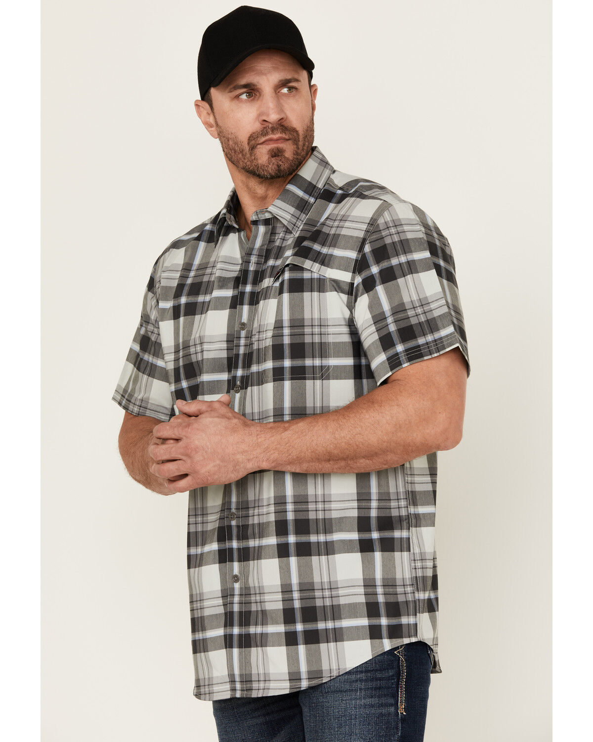 Image #2 - ATG by Wrangler Cedar Plaid Print Short Sleeve Button-Down Performance Western Shirt, Black, hi-res