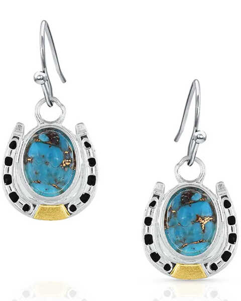 Image #1 - Montana Silversmiths Women's Gold & Turquoise Set In Stone Earrings , Black, hi-res