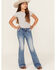 Image #1 - Miss Me Girls' Medium Wash Fleur de Lis Pocket Flare Stretch Denim Jeans, Blue, hi-res