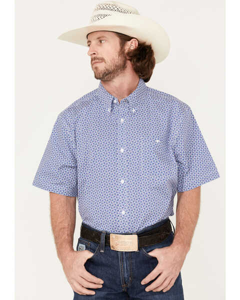 Image #1 - RANK 45® Men's Troubador Geo Print Short Sleeve Button-Down Western Shirt , Blue, hi-res