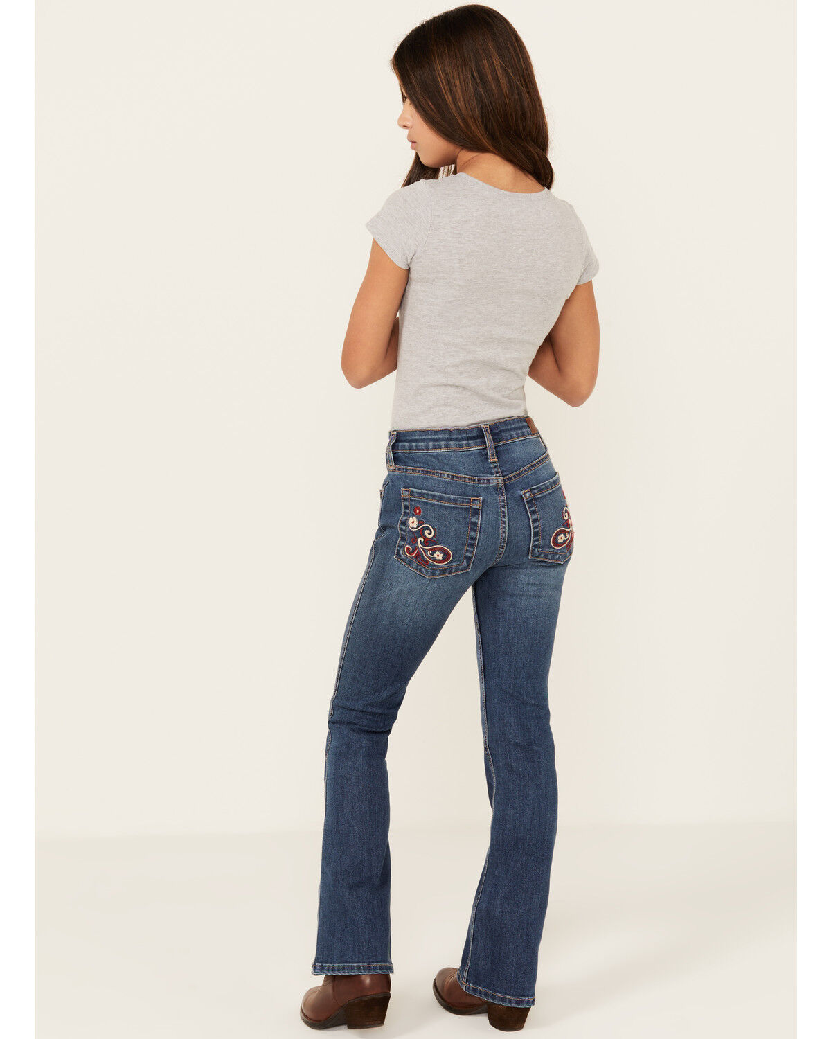 Image #1 - Shyanne Girls' Maren Medium Wash Embroidered Pocket Bootcut Comfort Stretch Denim Jeans, Medium Wash, hi-res