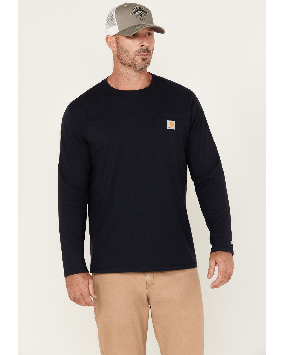 Carhartt Men's Force Relaxed Midweight Long Sleeve Pocket T-Shirt, Navy, hi-res
