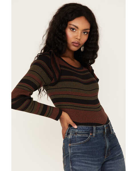 Image #2 - Shyanne Women's Stripe Ribbed Cropped Sweater, Black, hi-res