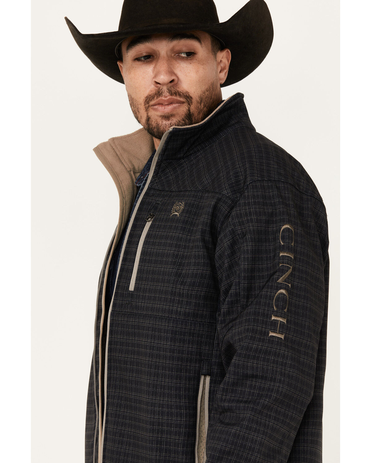 Image #2 - Cinch Men's Plaid Print Bonded Zip Softshell Jacket, Navy, hi-res