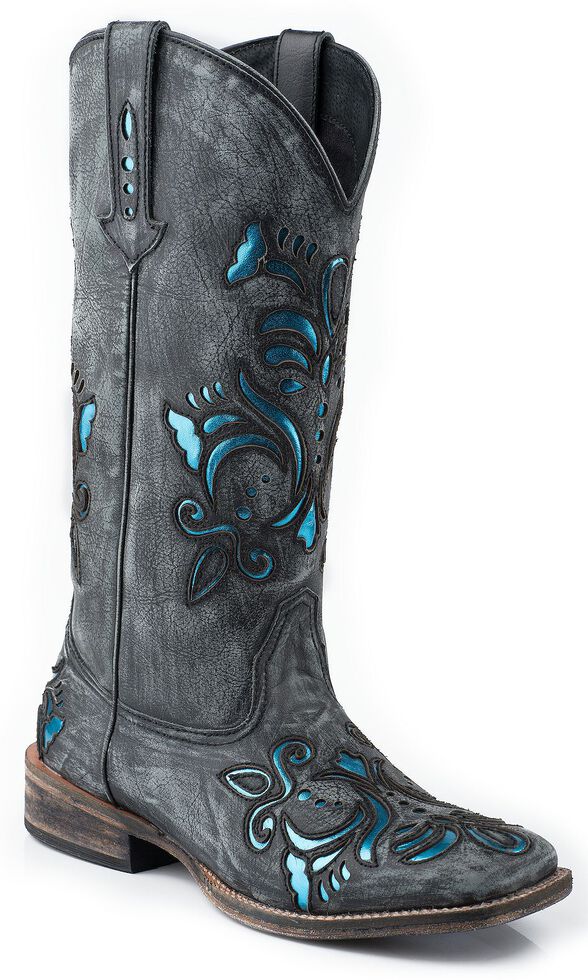 Roper Shiny Turquoise Leather Inlay Cowgirl Boots - Square Toe, Black, hi-res