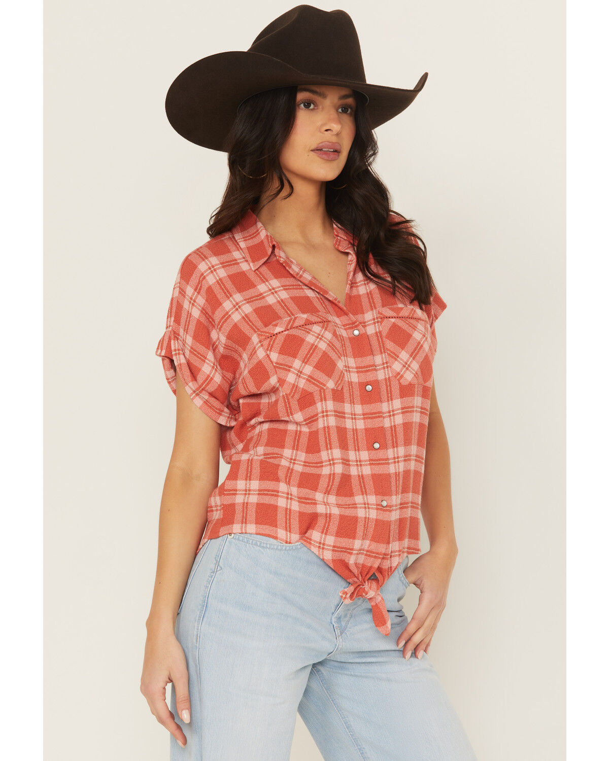 Image #2 - Shyanne Women's Plaid Print Tie-Front Camp Shirt, Dark Pink, hi-res