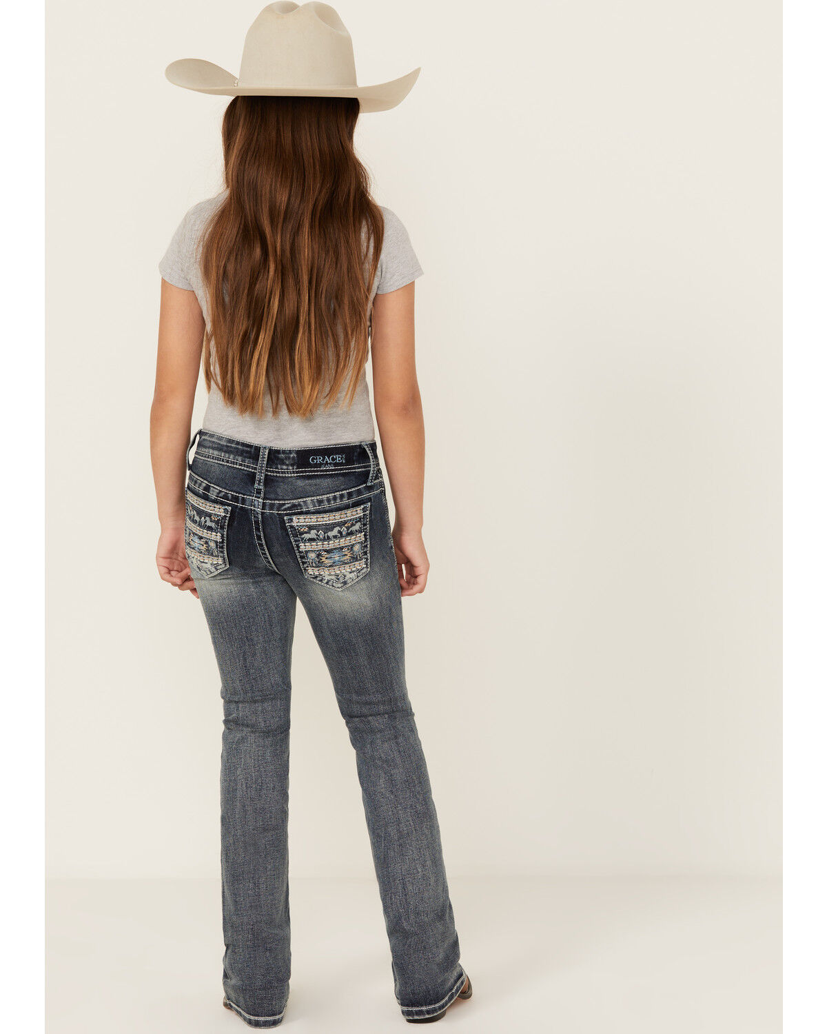 Image #1 - Grace in LA Girls' Medium Wash Embroidered Pocket Bootcut Stretch Denim Jeans, Medium Wash, hi-res