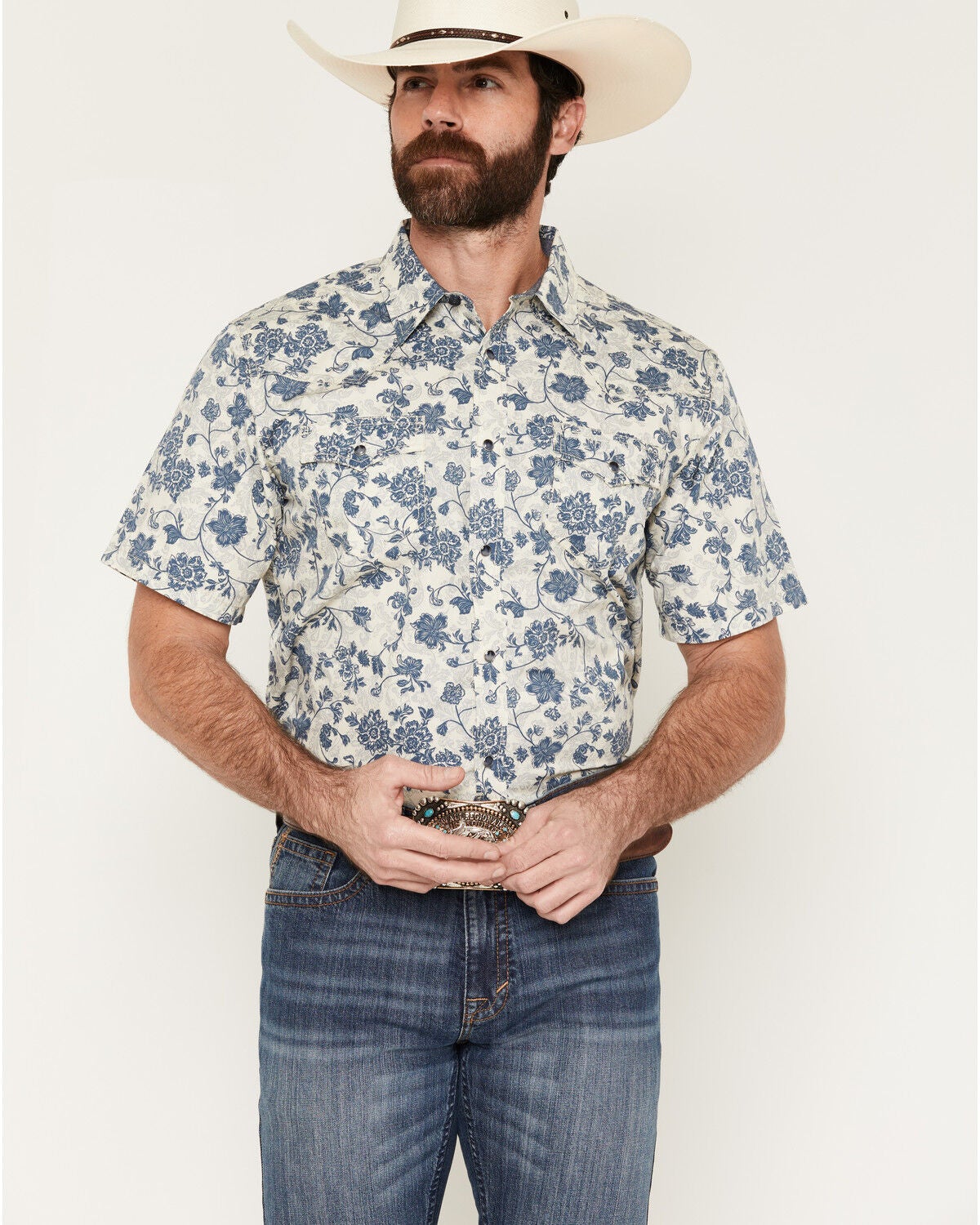 Cody James Men's Botanical Floral Print Short Sleeve Snap Western Shirt, Off White, hi-res