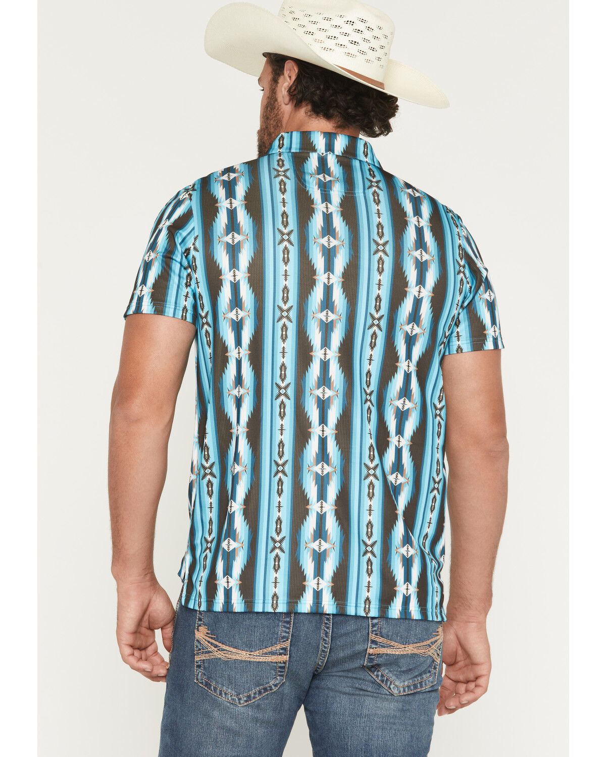 Image #4 - Rock & Roll Denim Men's Southwestern Stripe Short Sleeve Button-Down Stretch Polo Shirt, Teal, hi-res