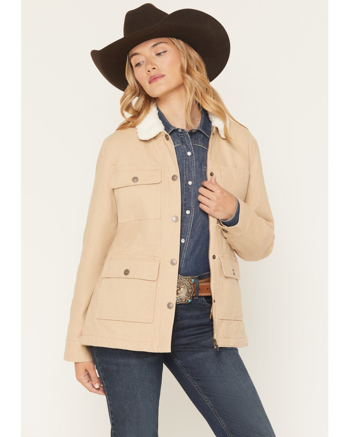 Image #1 - Shyanne Women's Splitcreek Sherpa Lined Stretch Canvas Barn Jacket, Khaki, hi-res