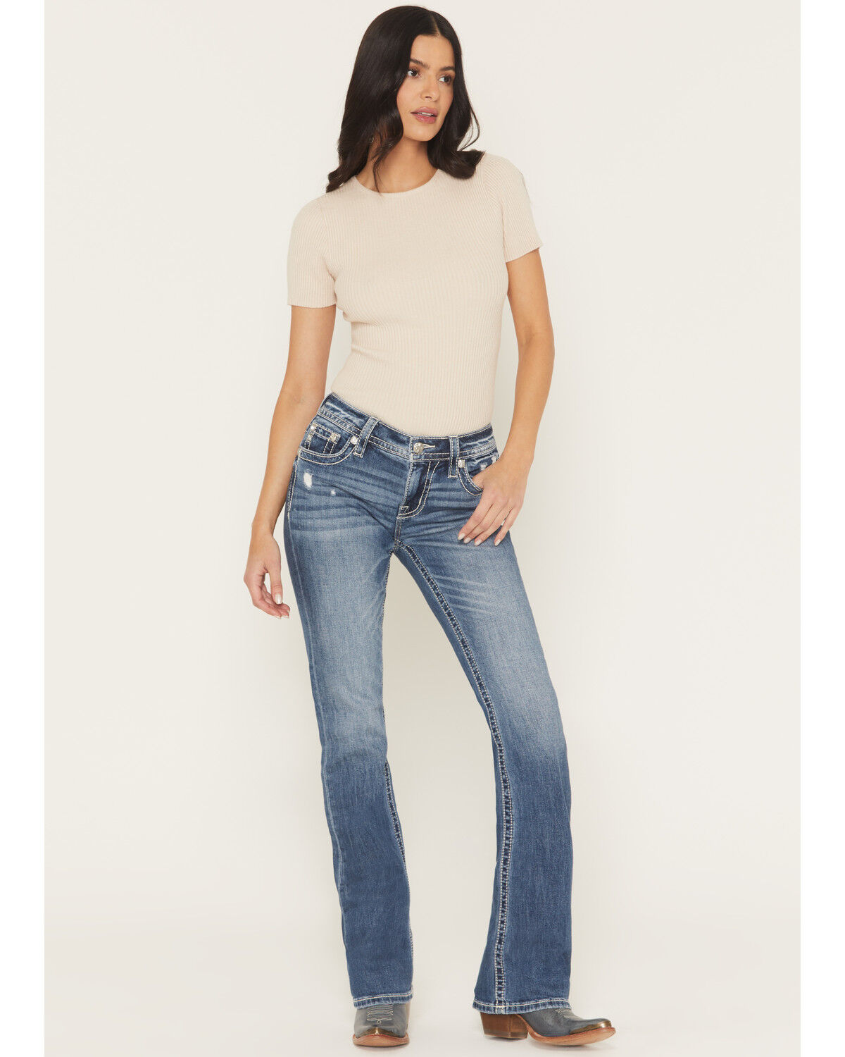Image #3 - Miss Me Women's Medium Wash Mid Rise Americana Blowout Bootcut Stretch Denim Jeans, Medium Wash, hi-res