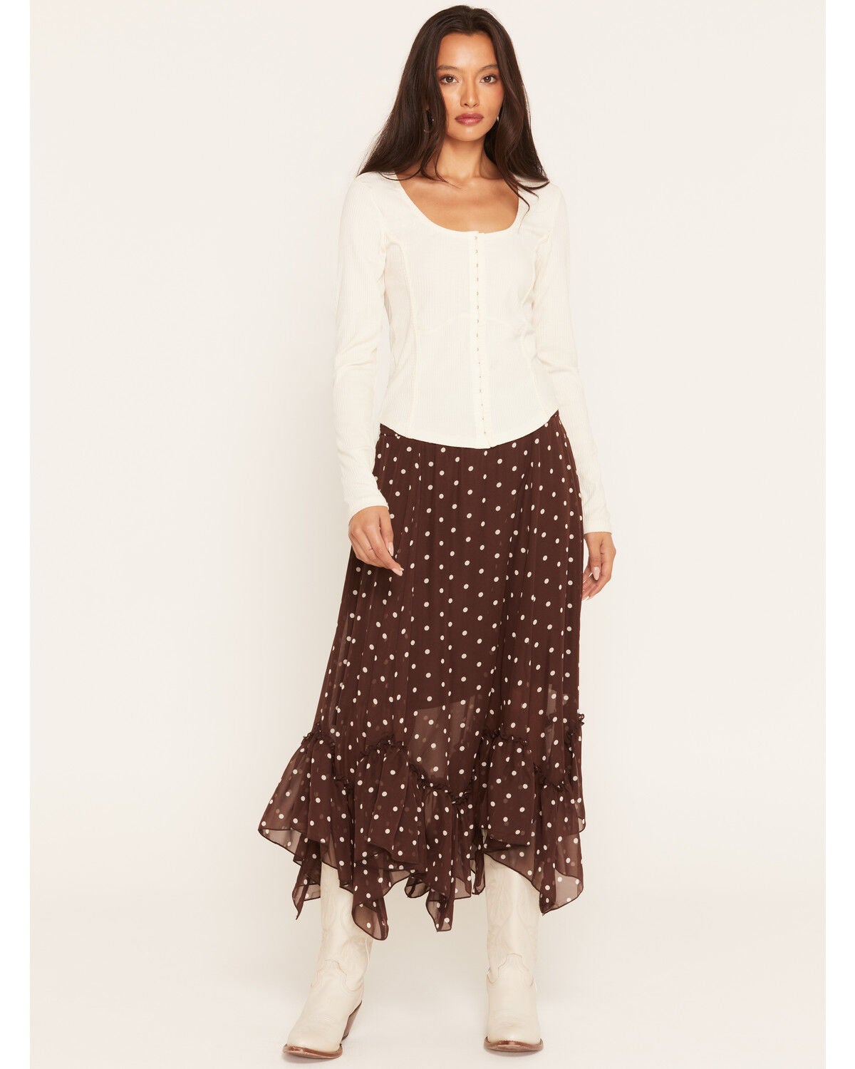 Wild Moss Women's Polka Dot Ruffle Midi Skirt, Brown, hi-res