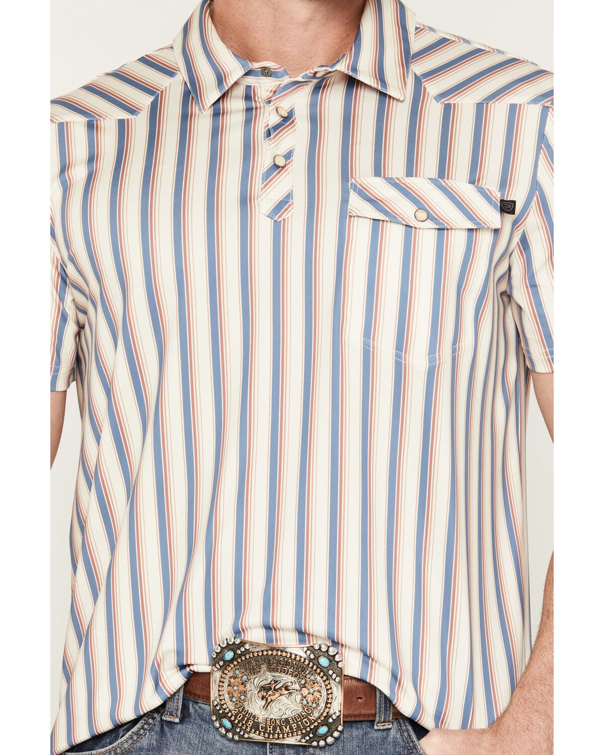 Image #3 - Rock & Roll Denim Men's Striped Short Sleeve Snap Western Polo, Natural, hi-res