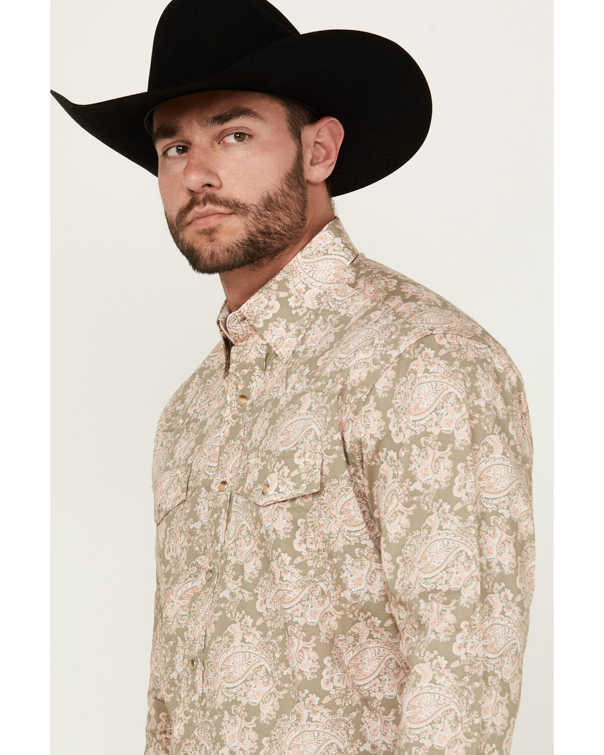 Image #2 - George Strait Wrangler Men's Floral Print Long Sleeve Pearl Snap Stretch Western Shirt, Sage, hi-res