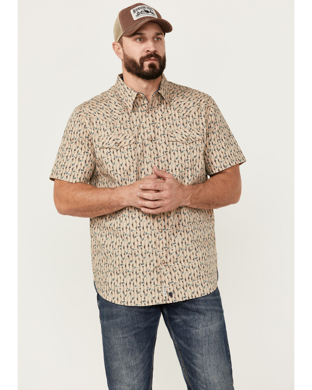 Image #1 - Moonshine Spirit Men's Vinyl Printed Short Sleeve Snap Western Shirt, Tan, hi-res